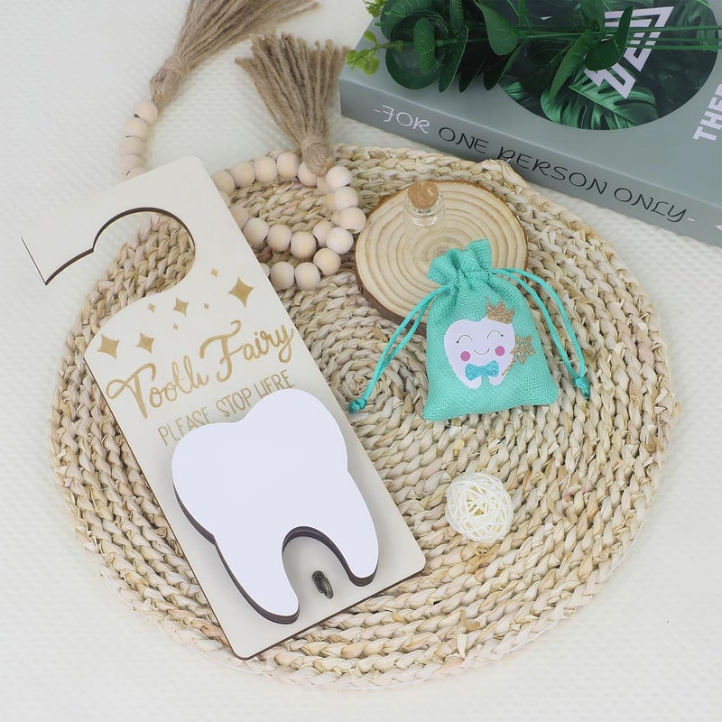 AINBIN Tooth Fairy Door Hanger, Tooth Fairy Kit Tooth Holder with Money Slot, Keepsake Bottle & Burlap Pouch for Lost Teeth, Encourage Gift for Boys Girls, Lake Blue - Image 4